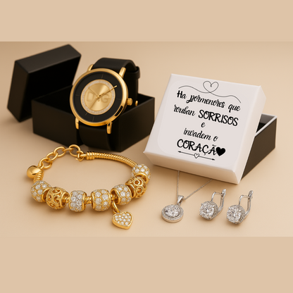 Pack Especial, Pulseira, Pingente e Brincos + Relógio-Presente